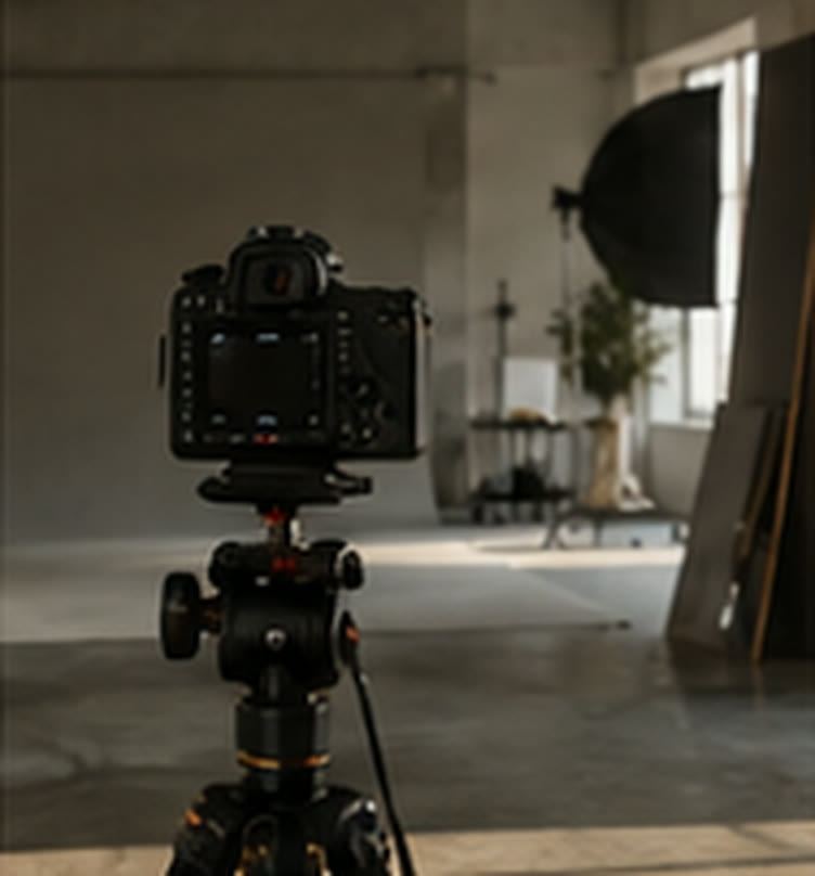 Camera on a tripod set up in the studio