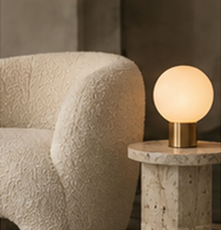 Bouclé armchair beside a glowing globe lamp on a stone table
